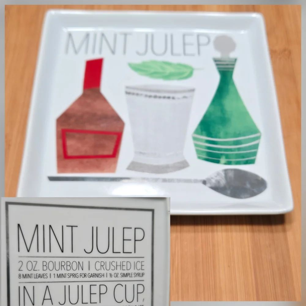 Crate & Barrel Mint Julep Plate Trinket Dish Appetizer, recipe on back